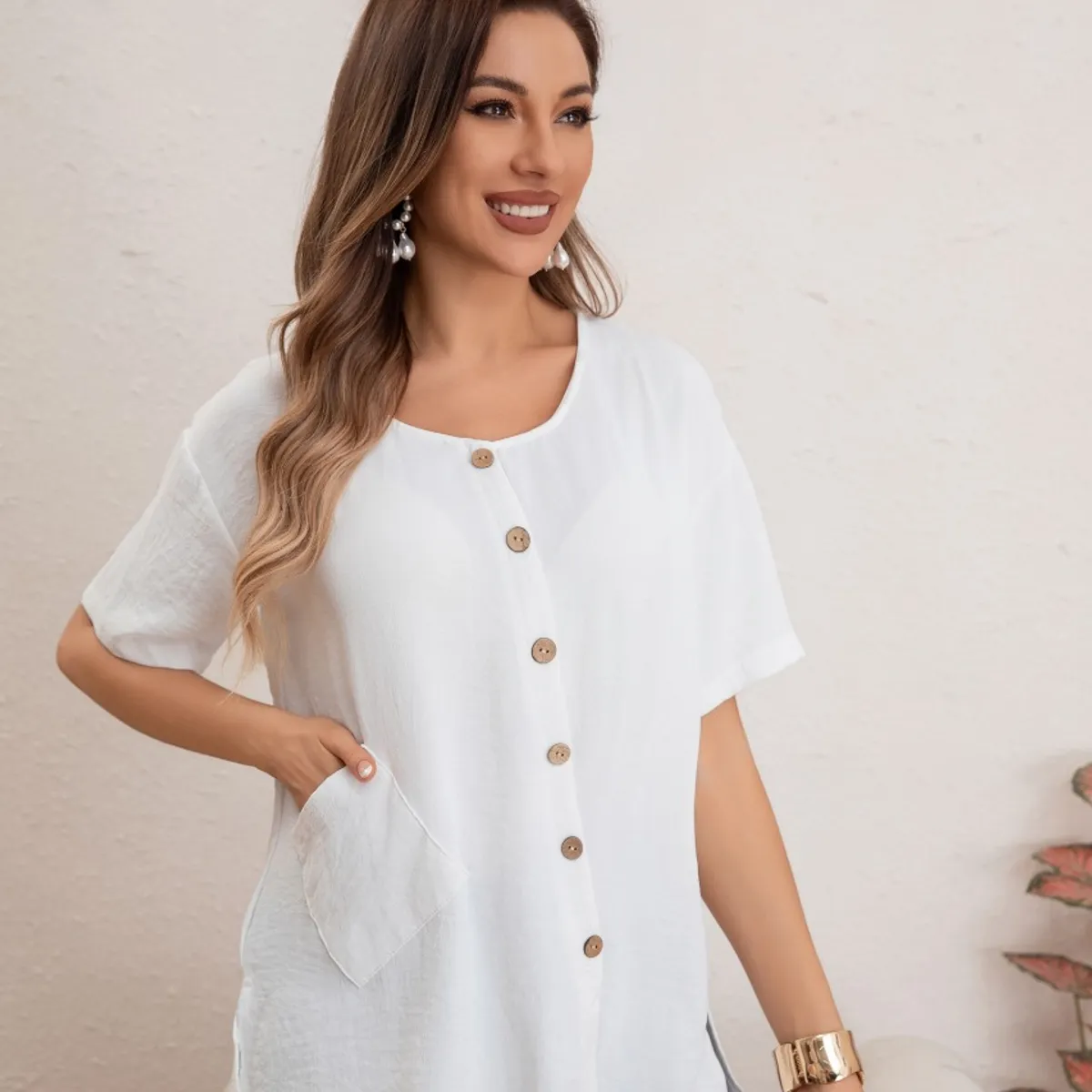 LIKE SHOP - Blusa Mujer Manga Corta Algodón Botones Bolsillos 037