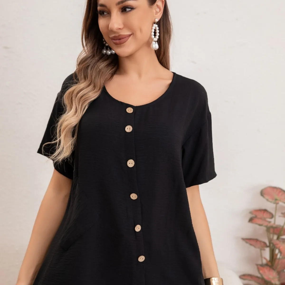 LIKE SHOP - Blusa Mujer Manga Corta Algodón Botones Bolsillos 037