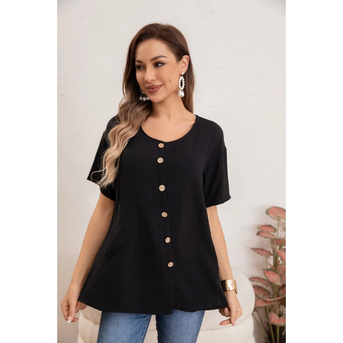 LIKE SHOP - Blusa Mujer Manga Corta Algodón Botones Bolsillos 037