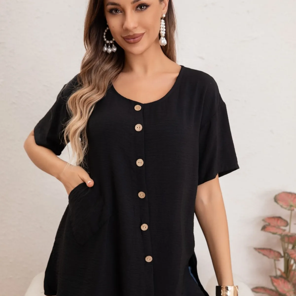 LIKE SHOP - Blusa Mujer Manga Corta Algodón Botones Bolsillos 037