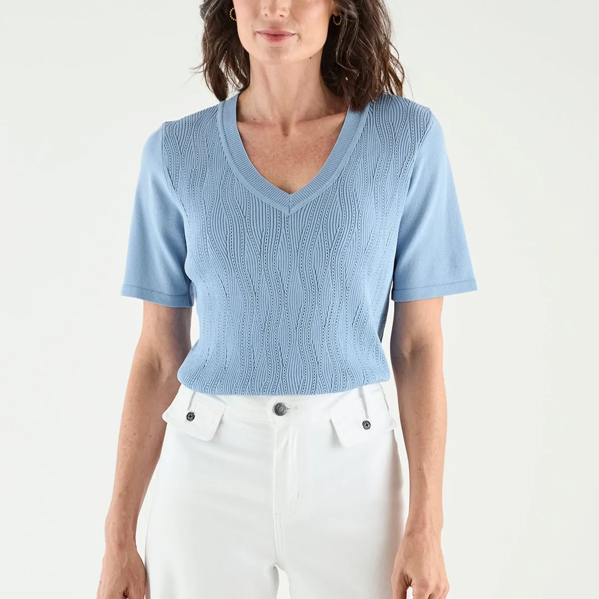 MA GRIFFE - Polera Manga Corta Celeste Mujer Magriffe