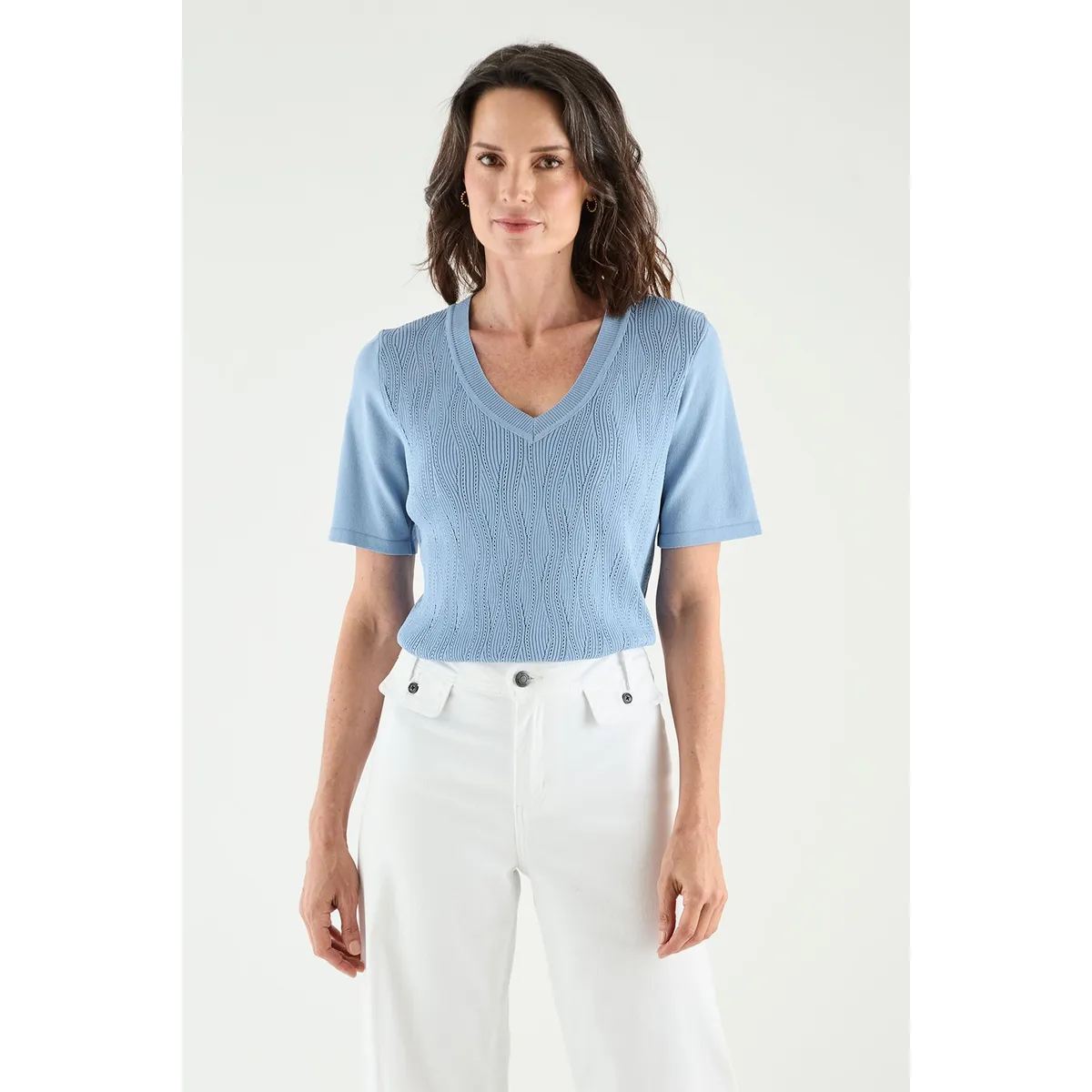 MA GRIFFE - Polera Manga Corta Celeste Mujer Magriffe