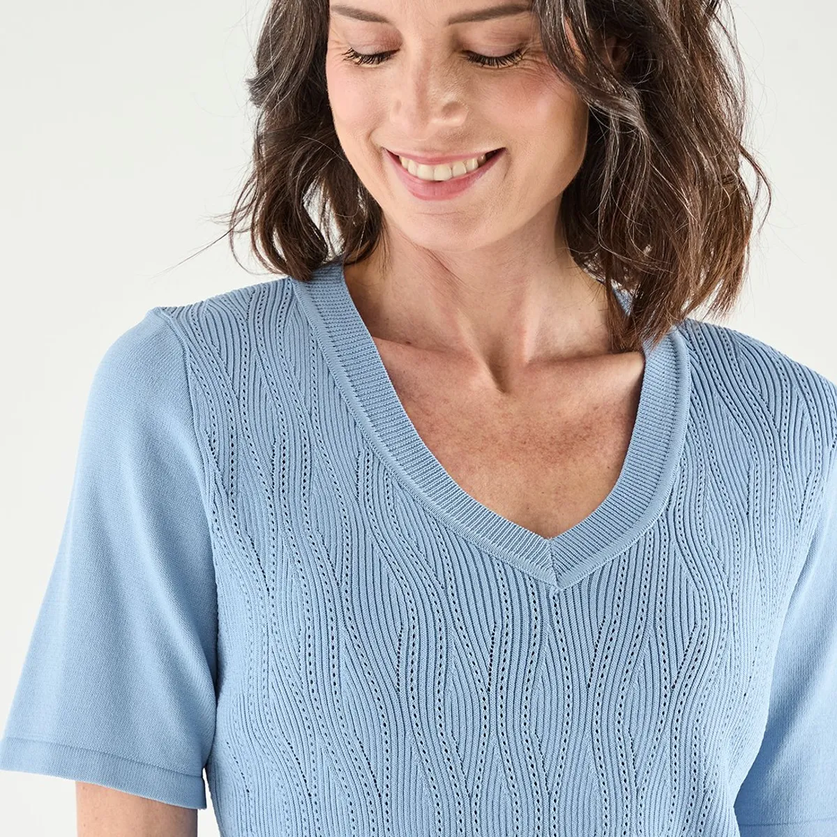 MA GRIFFE - Polera Manga Corta Celeste Mujer Magriffe