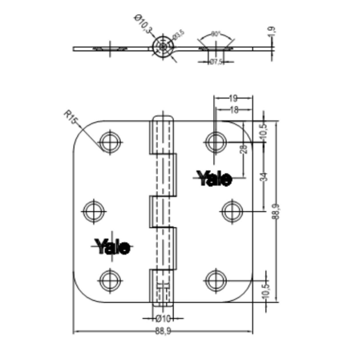 YALE - Pack 3 Bisagra Canto Redondo Yale 3,5x3,5 Pulgadas Satinado