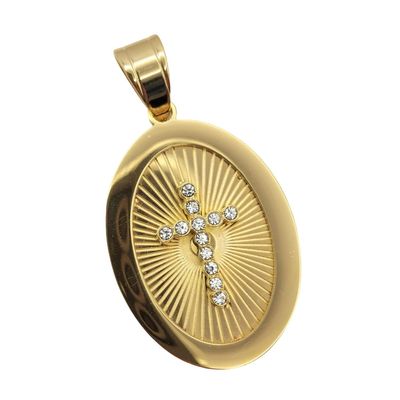 Imagen 2 del producto Medalla de Oro Laminado con Dije Ovalado con Cruz de Brillantes