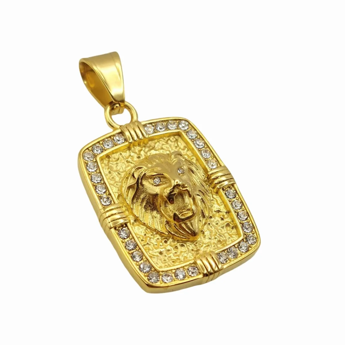 GENERICO - Colgante Oro Laminado con placa de Rostro Candado León con Brillantes