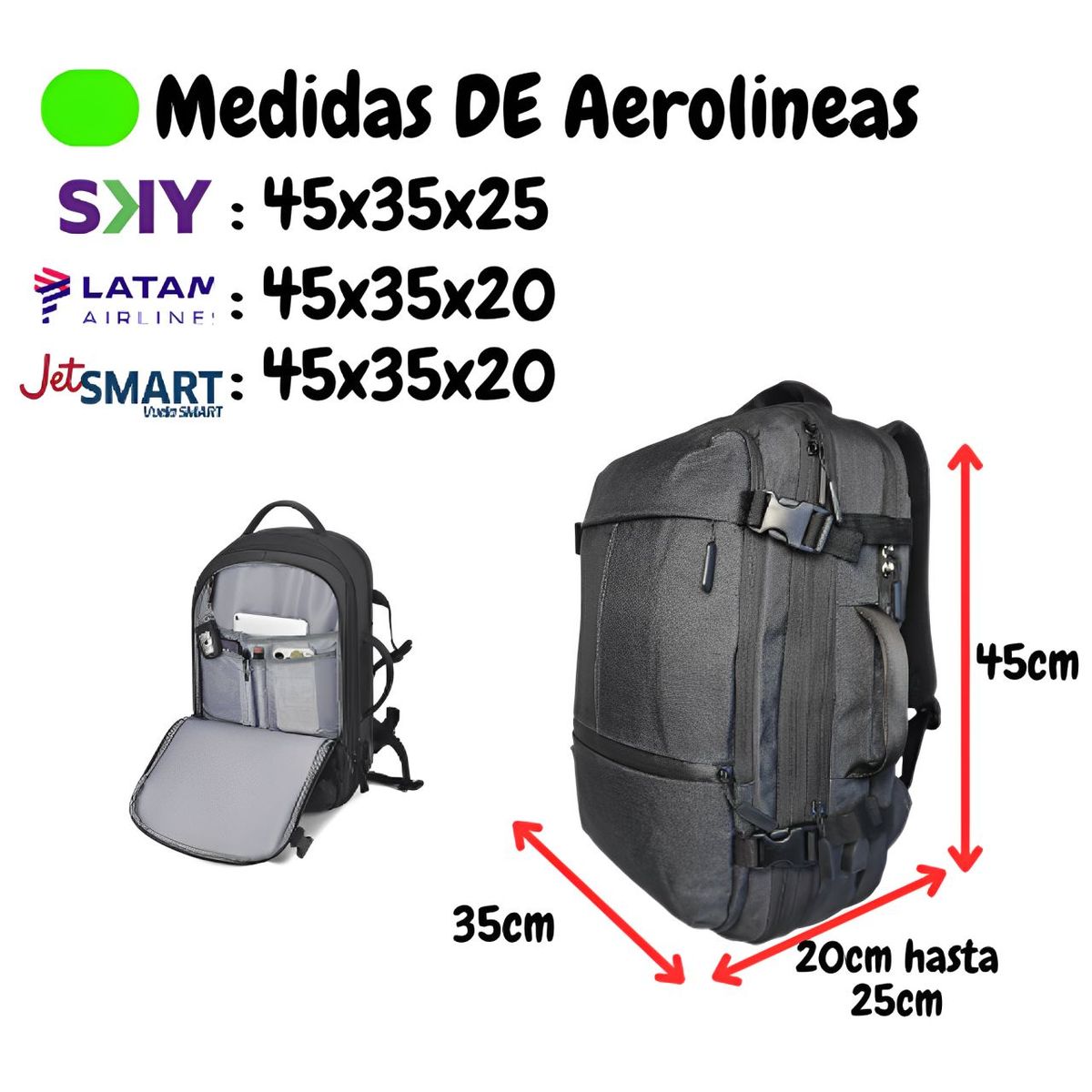 GENERICO - Mochila Viaje Avión Cabina Expandible Impermeable Usb 40l