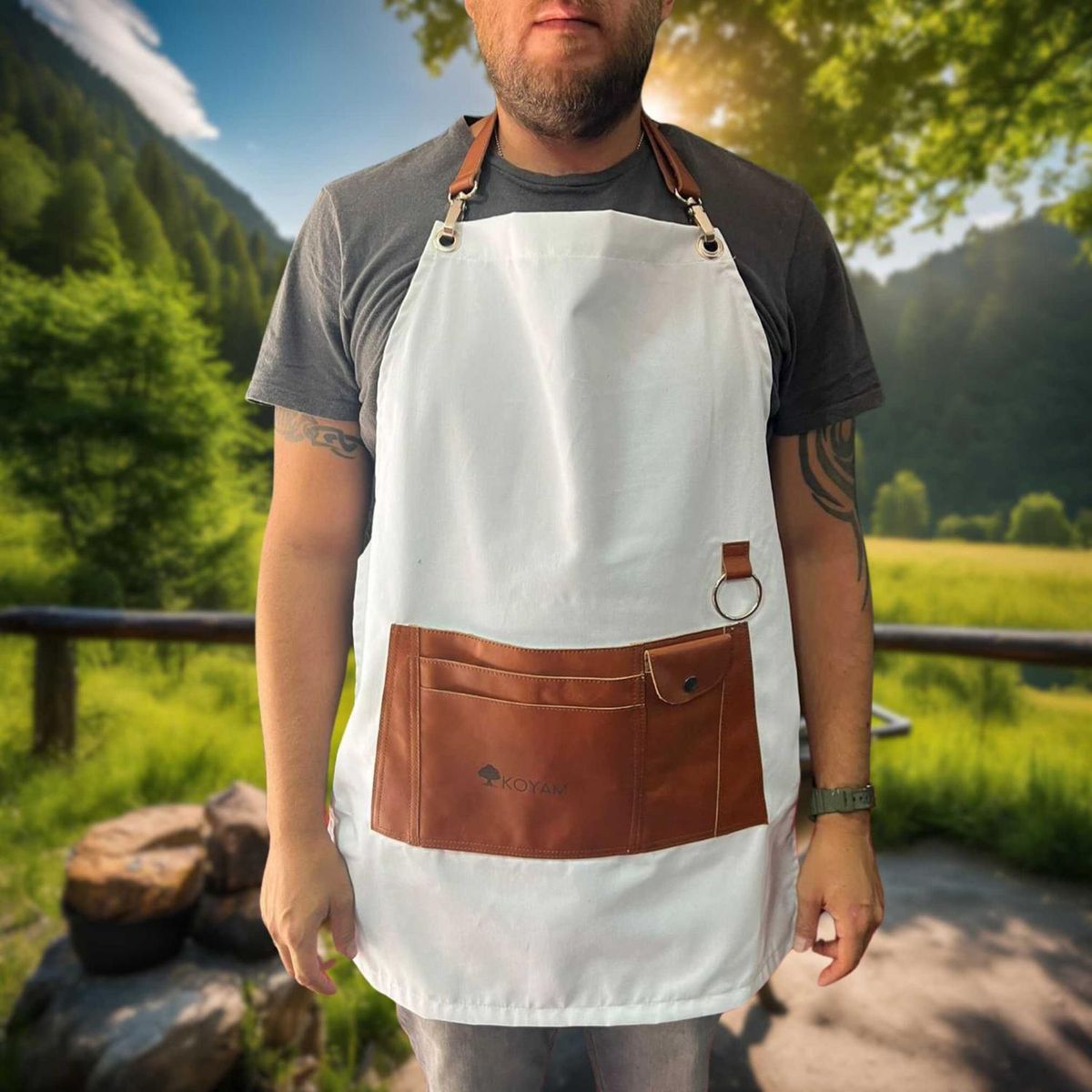 KOYAM - Pechera Parrilla Algodón Encerado y Cuero miel - Blanco - Talla única