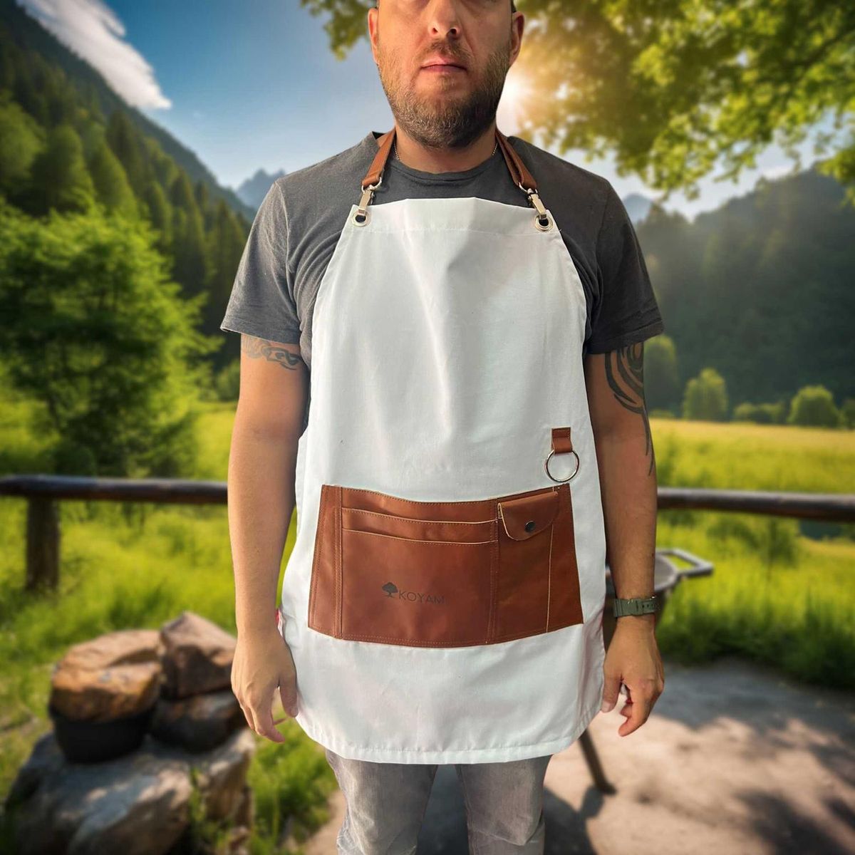 KOYAM - Pechera Parrilla Algodón Encerado y Cuero miel - Blanco - Talla única