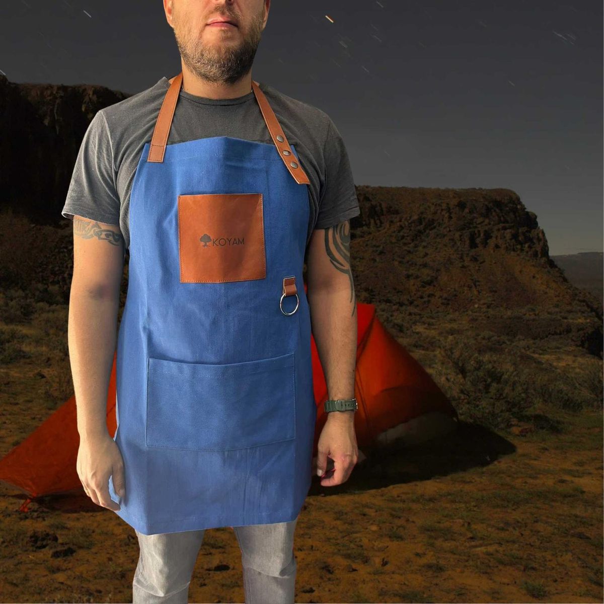 KOYAM - Pechera Parrilla Algodón Encerado y Cuero miel - Azul - Talla única