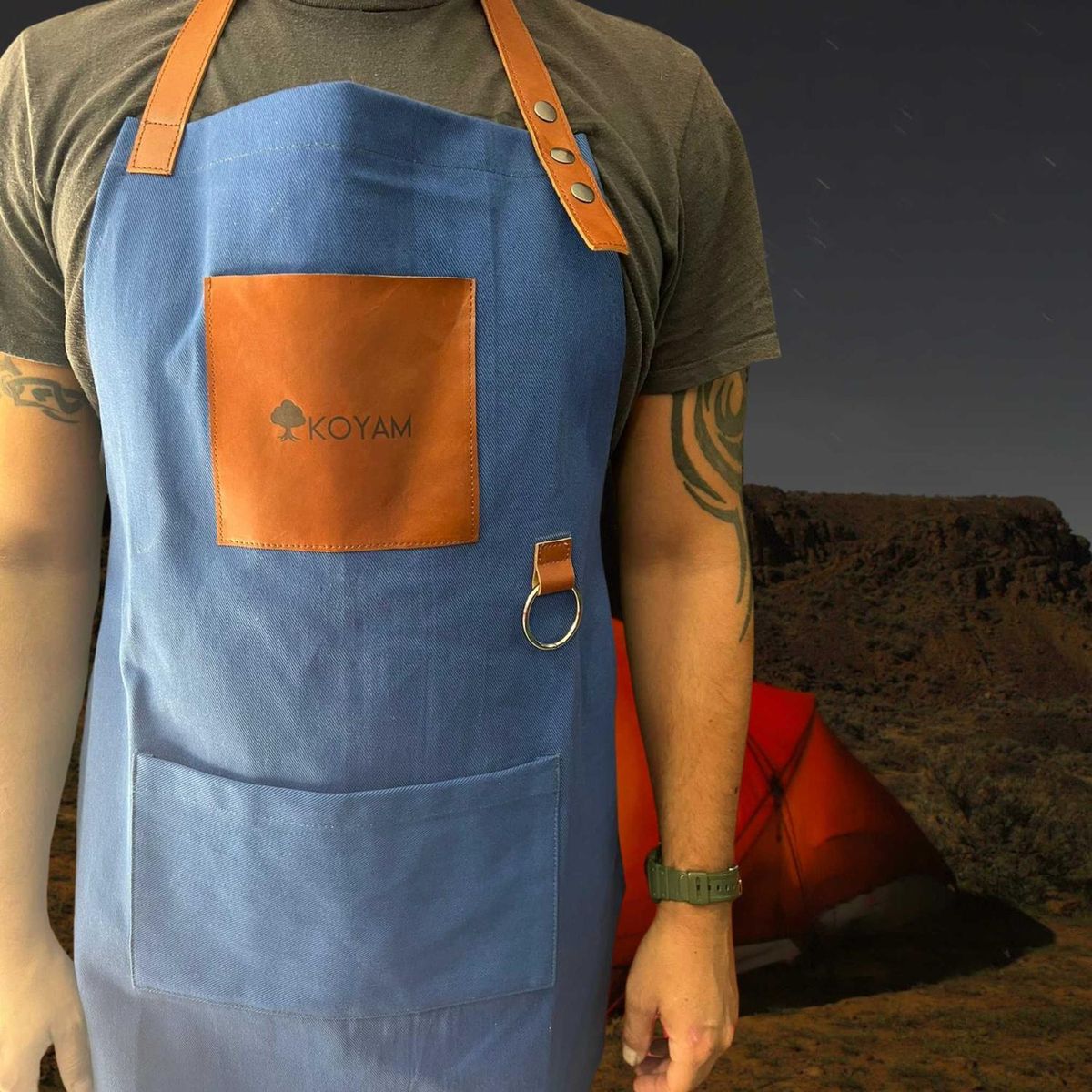 KOYAM - Pechera Parrilla Algodón Encerado y Cuero miel - Azul - Talla única