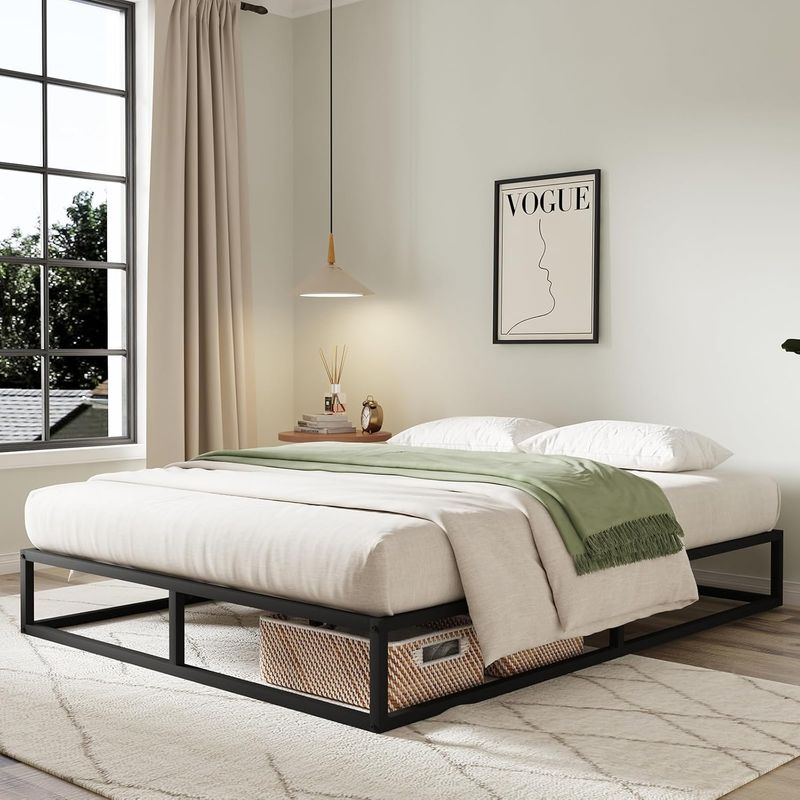 ELEMENT DESIGN - Base de Cama 2 Plazas Metálica con Listones de Madera, 150x200x30 cm