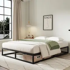 ELEMENT DESIGN - Base de Cama 2 Plazas Metálica con Listones de Madera, 150x200x30 cm
