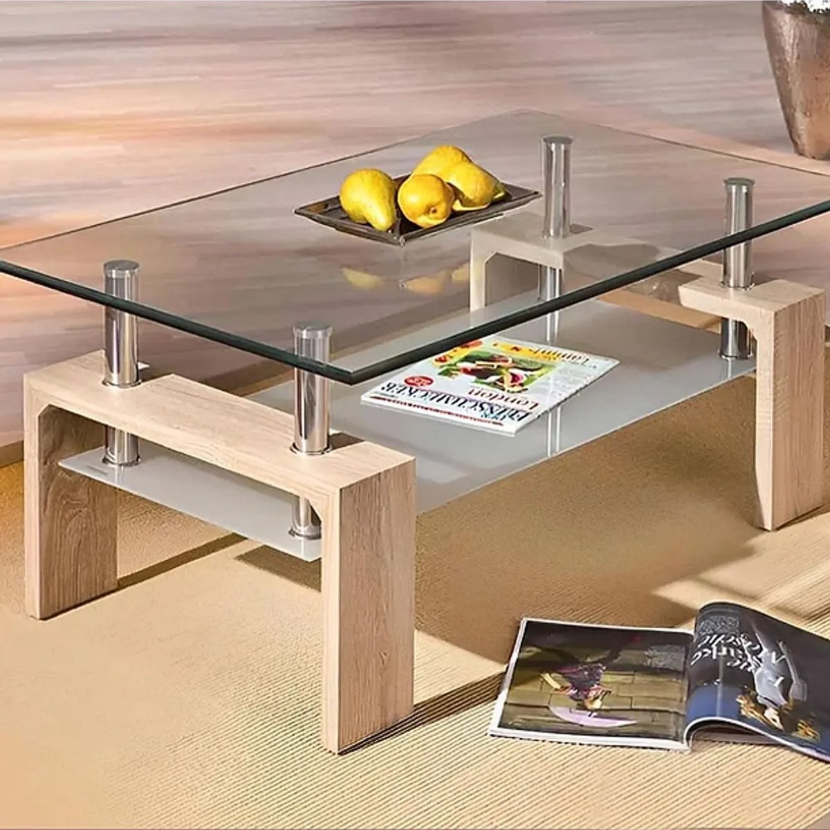 CORI CORI - Mesa de Centro Rectangular de Vidrio-Madera Clara
