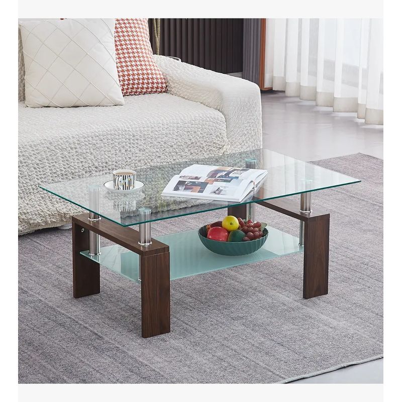 CORI CORI - Mesa de Centro Rectangular de Vidrio-Madera Oscura