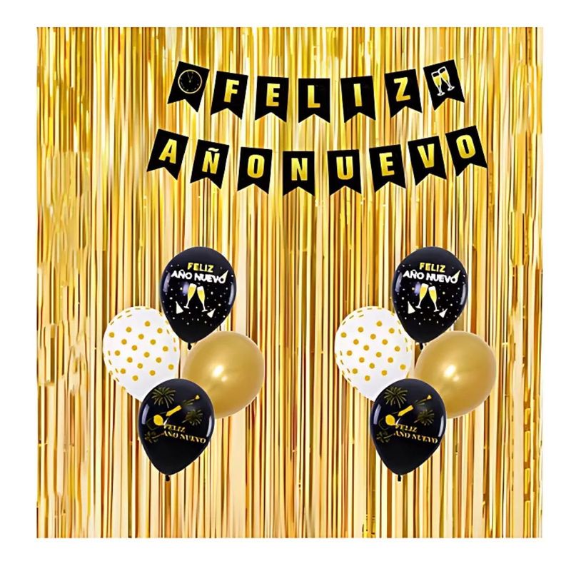 GENERICO - Set Globos Y Cortina 1x2Mts Año Nuevo Dorado Negro 11 Piezas