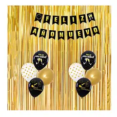 GENERICO - Set Globos Y Cortina 1x2Mts Año Nuevo Dorado Negro 11 Piezas