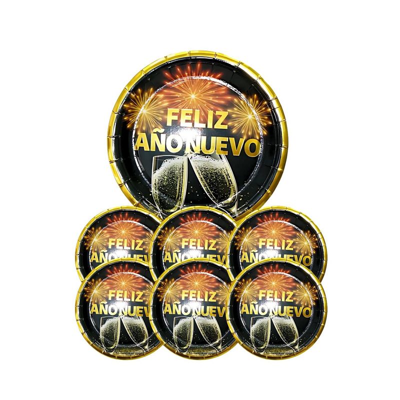GENERICO - Platos Cartón Feliz Año Nuevo 18cm 6 Piezas Dorado Negro