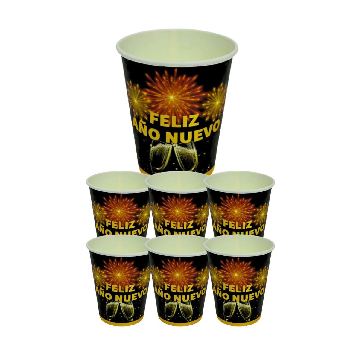 GENERICO - Vasos Cartón Feliz Año Nuevo 250ml 6 Piezas Dorado Negro