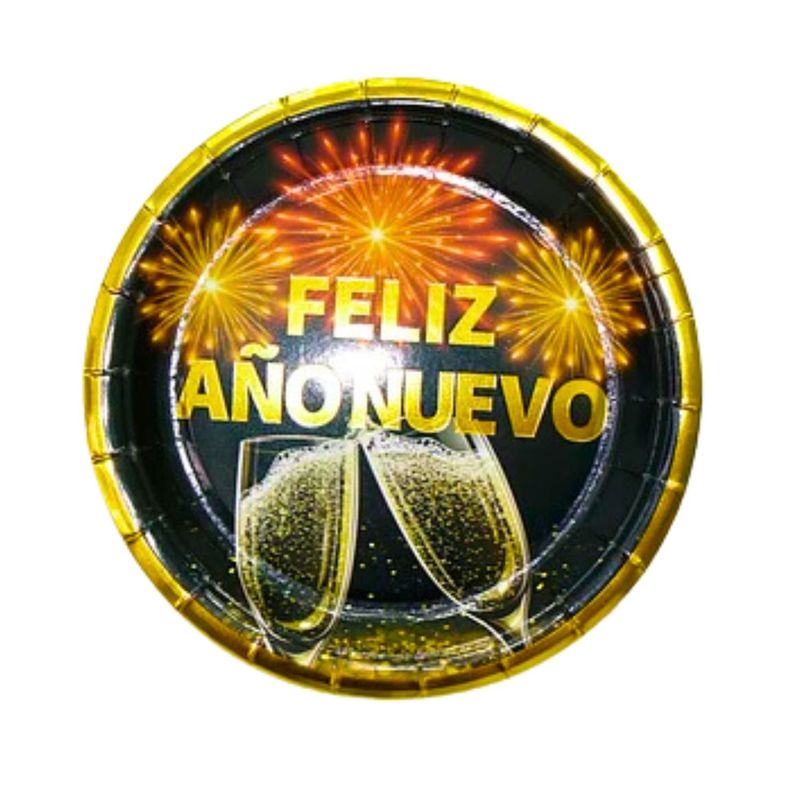GENERICO - Platos Cartón Feliz Año Nuevo 18cm 12 Piezas Dorado Negro