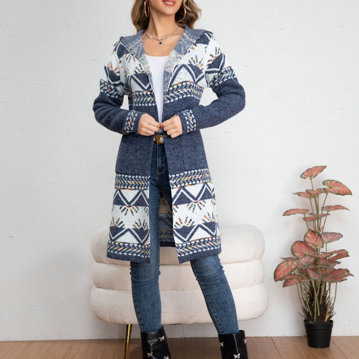 LIKE SHOP - Sweater Largo Tapado Tipo Cardigan Mujer Abrigo Etnico Tendencia 7011