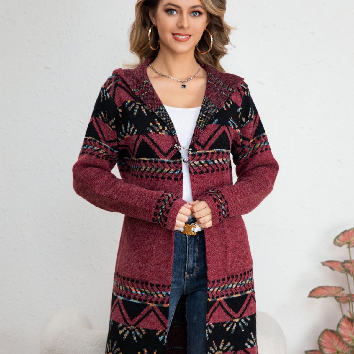 LIKE SHOP - Sweater Largo Tapado Tipo Cardigan Mujer Abrigo Etnico Tendencia 7011