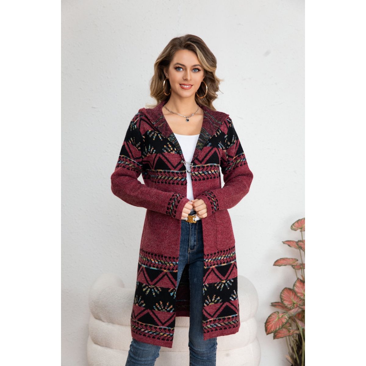 LIKE SHOP - Sweater Largo Tapado Tipo Cardigan Mujer Abrigo Etnico Tendencia 7011