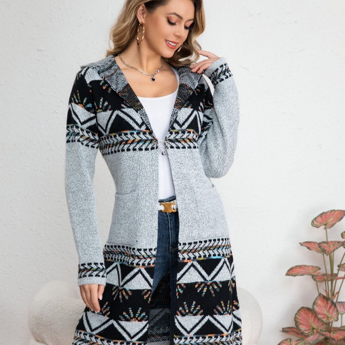 LIKE SHOP - Sweater Largo Tapado Tipo Cardigan Mujer Abrigo Etnico Tendencia 7011