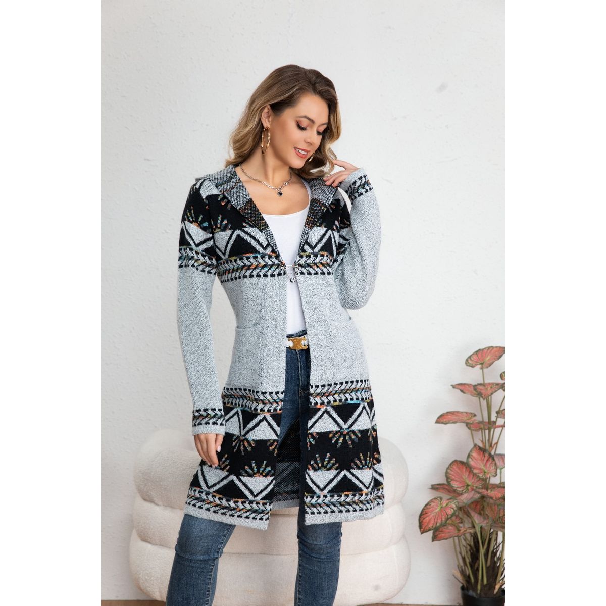 LIKE SHOP - Sweater Largo Tapado Tipo Cardigan Mujer Abrigo Etnico Tendencia 7011