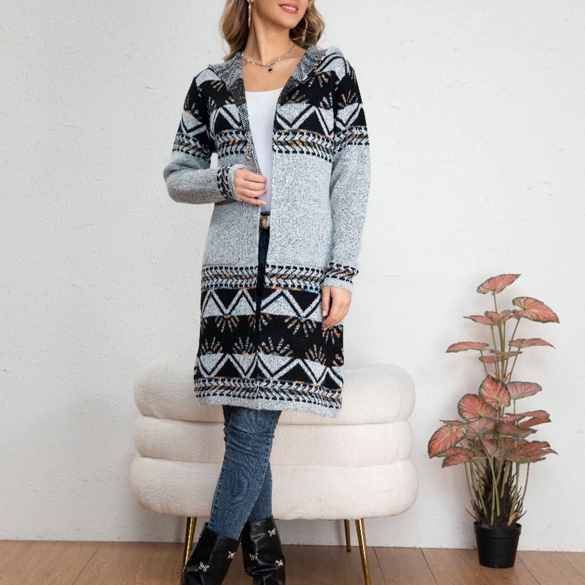 LIKE SHOP - Sweater Largo Tapado Tipo Cardigan Mujer Abrigo Etnico Tendencia 7011