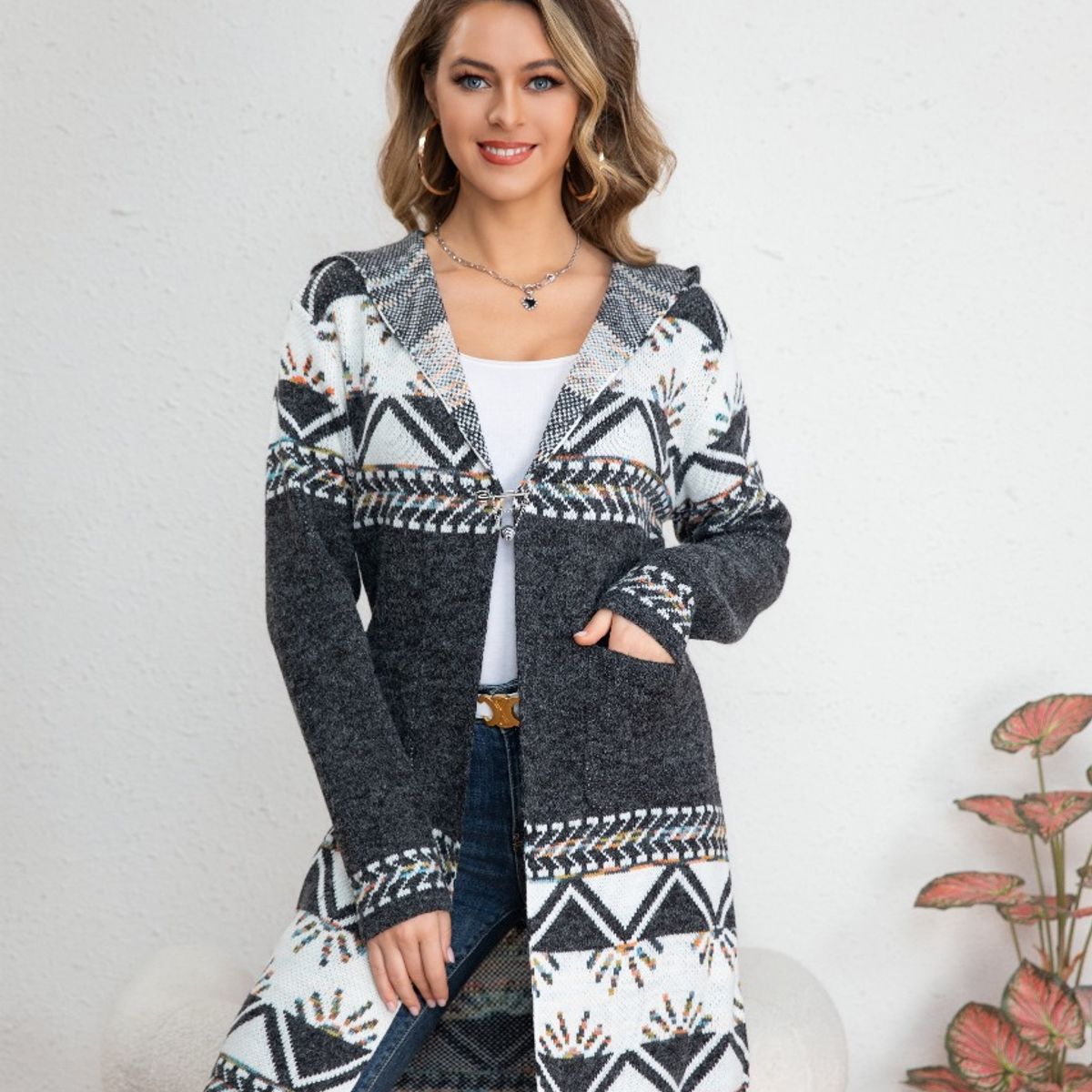 LIKE SHOP - Sweater Largo Tapado Tipo Cardigan Mujer Abrigo Etnico Tendencia 7011