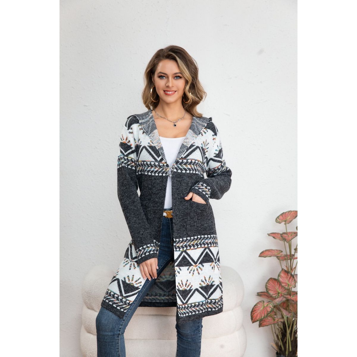 LIKE SHOP - Sweater Largo Tapado Tipo Cardigan Mujer Abrigo Etnico Tendencia 7011