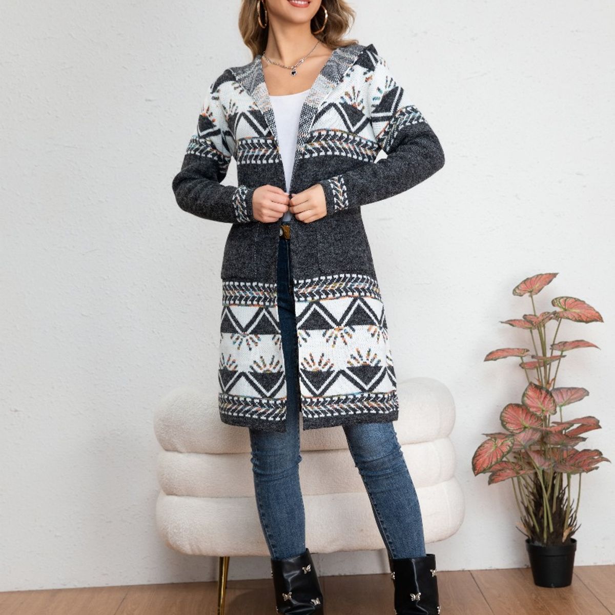 LIKE SHOP - Sweater Largo Tapado Tipo Cardigan Mujer Abrigo Etnico Tendencia 7011