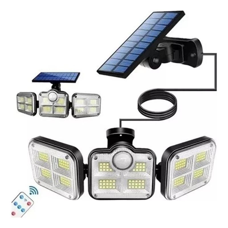 GENERICO - Luz Solar Foco Triple Cabezal Con Sensor De Movimientos Negro Con Cable