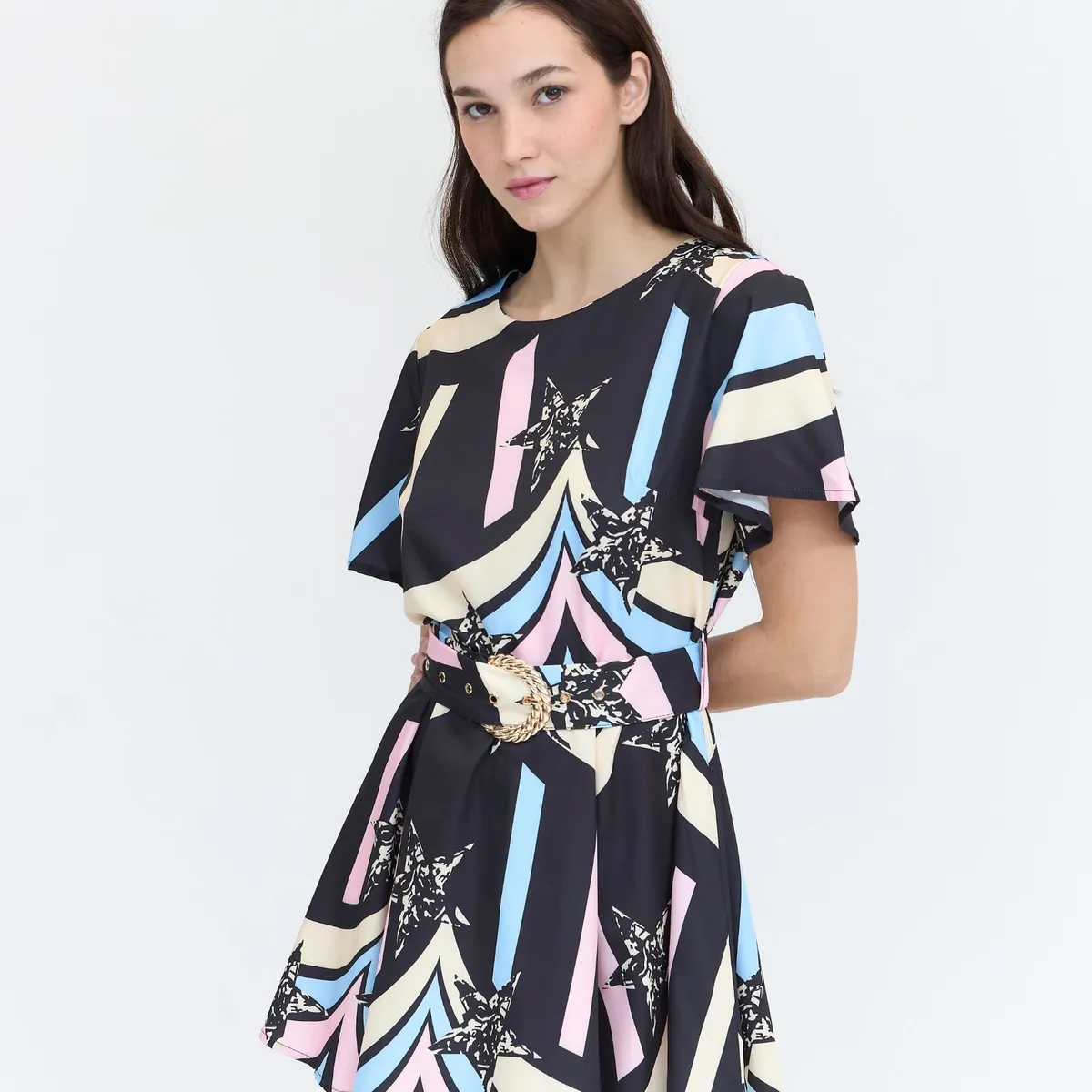 GUINDA - Vestido corto ligero estampado escote redondo Cleo Guinda