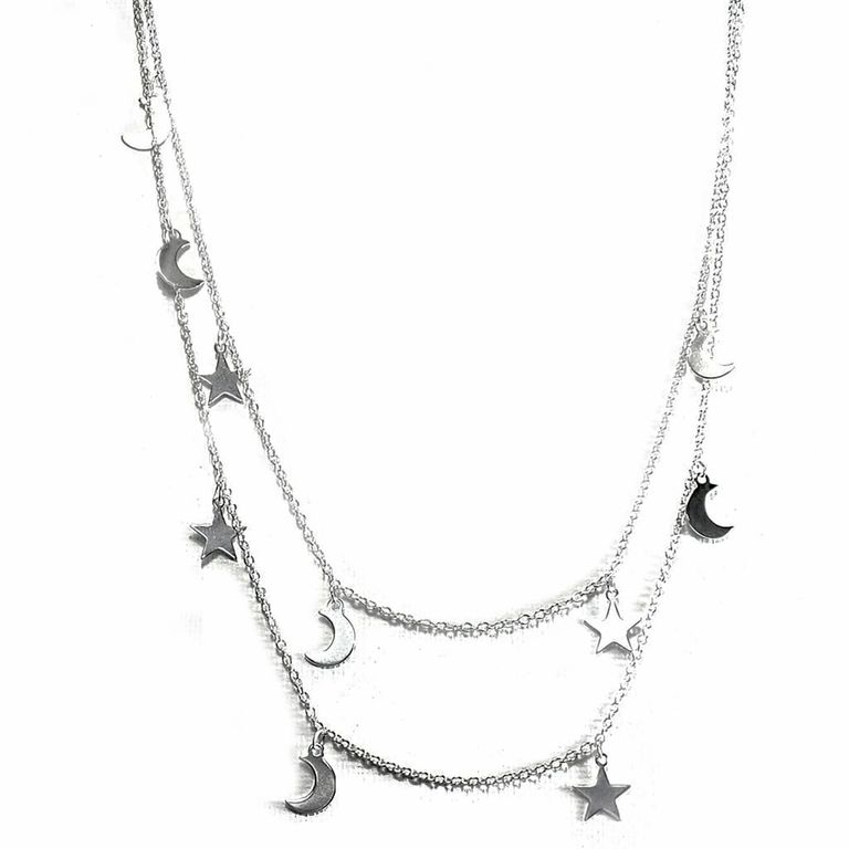 Collar Lunas Y Estrellas Doble Plata Fina 925 Plateado TALLA UNICA