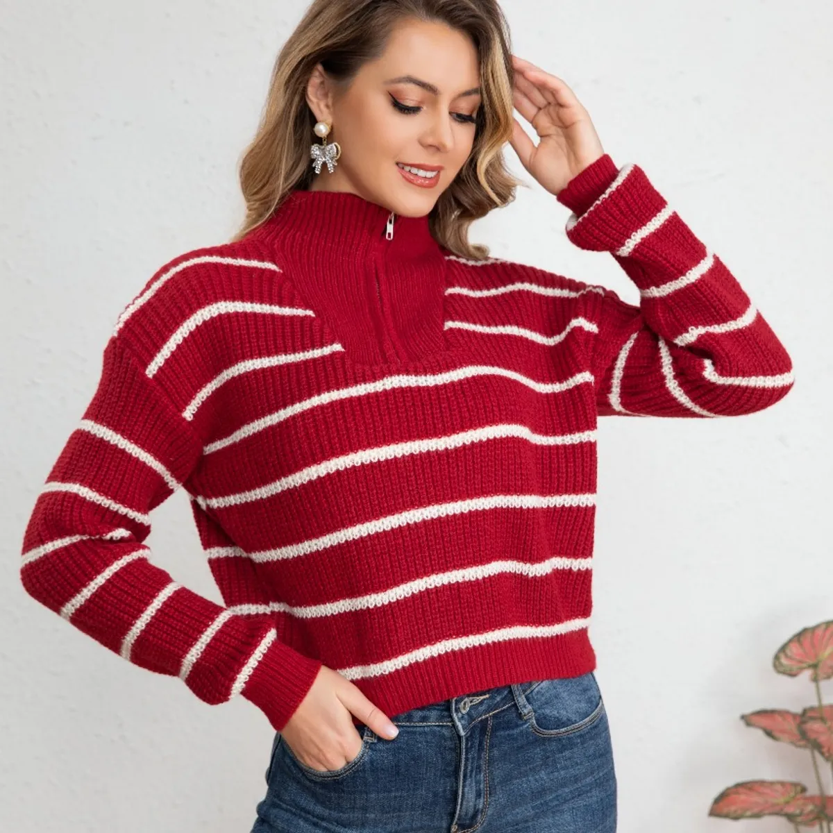 LIKE SHOP - Sweater Mujer Tejido Semi Corto Otoño Invierno Cuello con Cierre 7019