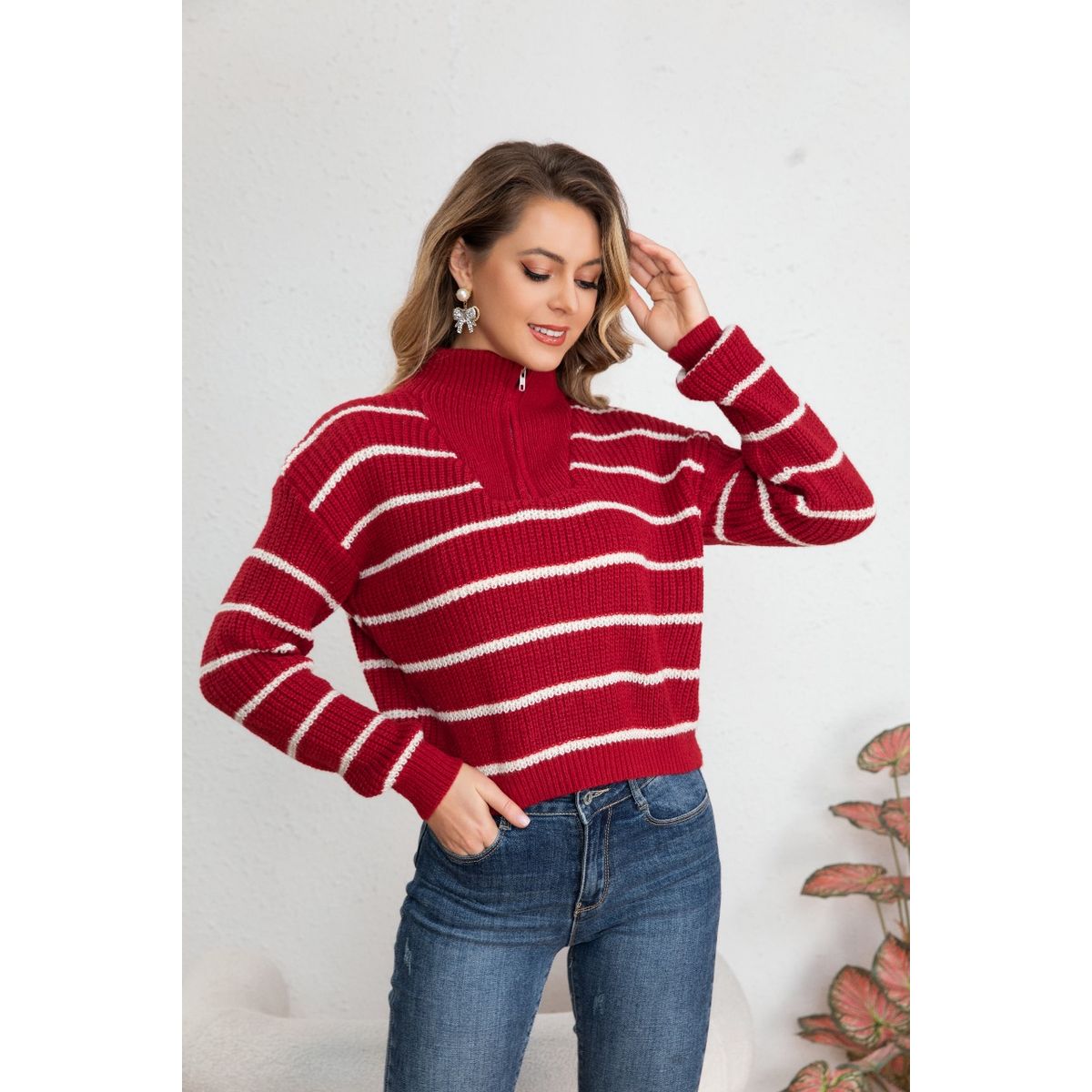 LIKE SHOP - Sweater Mujer Tejido Semi Corto Otoño Invierno Cuello con Cierre 7019
