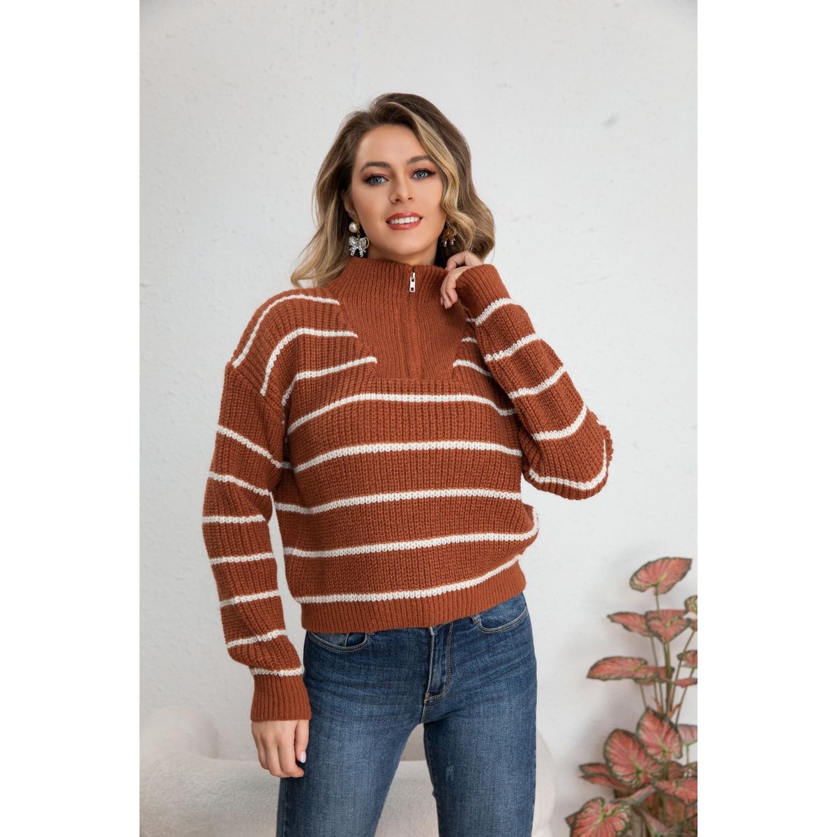 LIKE SHOP - Sweater Mujer Tejido Semi Corto Otoño Invierno Cuello con Cierre 7019