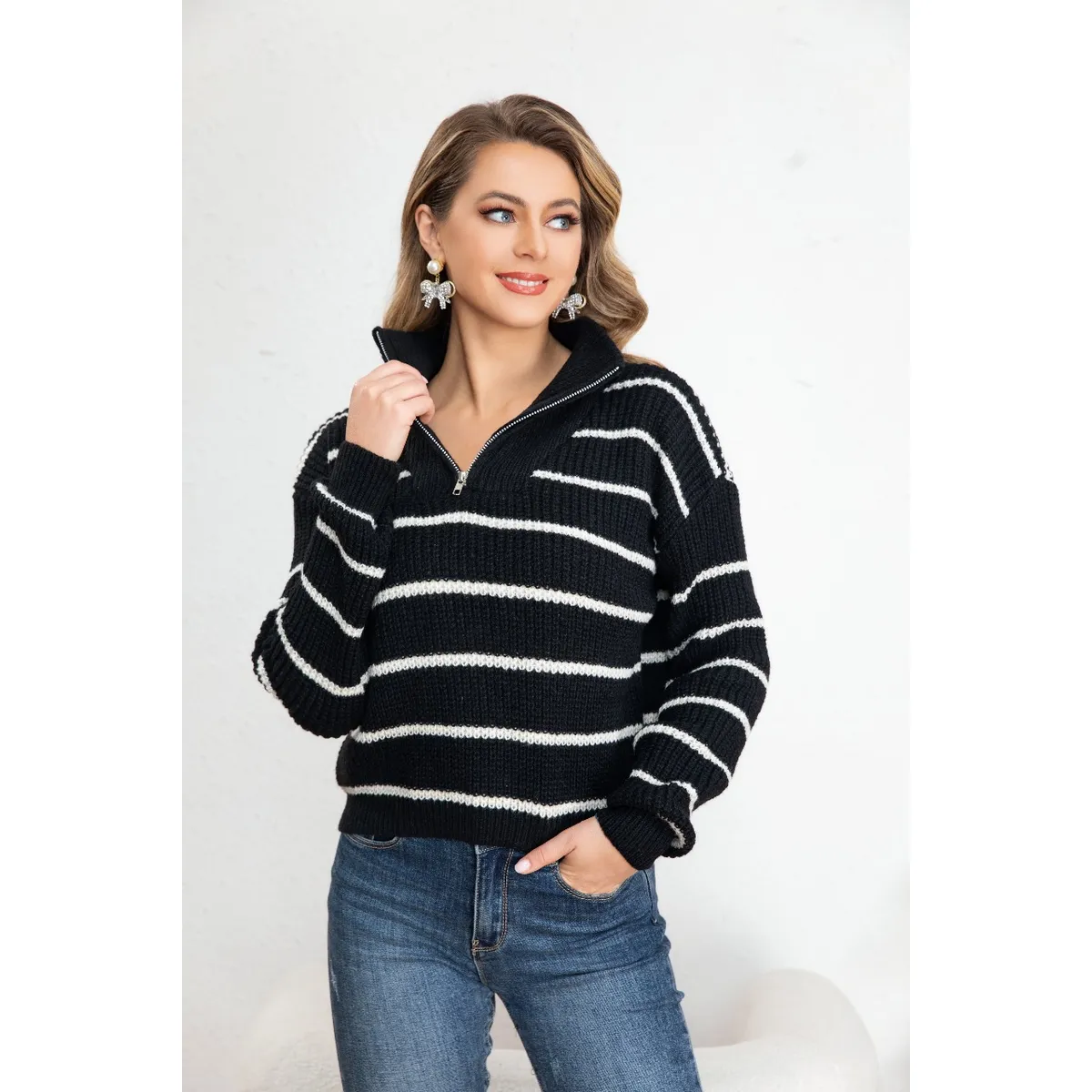 LIKE SHOP - Sweater Mujer Tejido Semi Corto Otoño Invierno Cuello con Cierre 7019