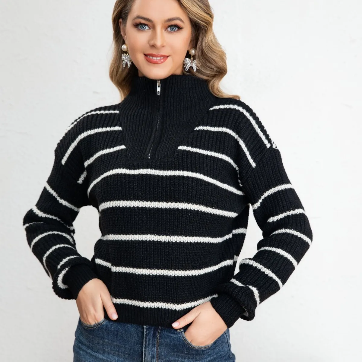 LIKE SHOP - Sweater Mujer Tejido Semi Corto Otoño Invierno Cuello con Cierre 7019