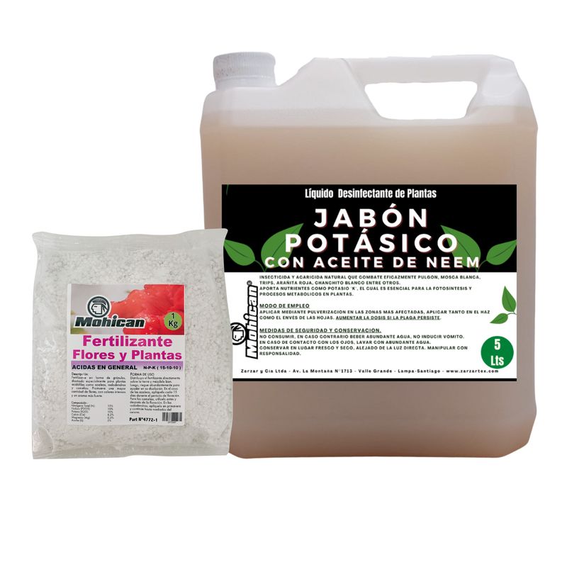 MOHICAN - PROMO JABÓN POTÁSICO NEEM 5L + FERTILIZANTE ACIDAS 1 KG