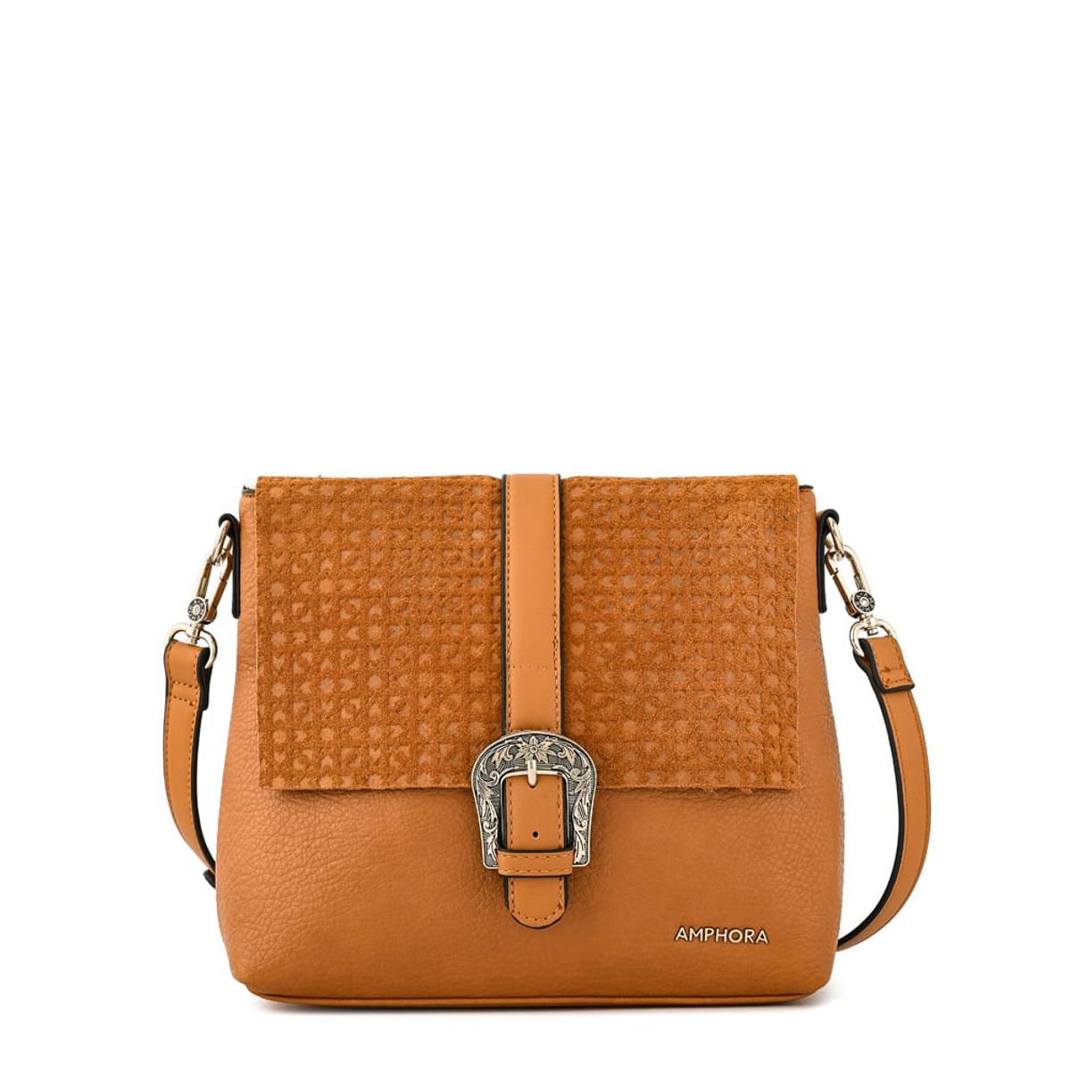 AMPHORA - Cartera bandolera con tapa mediana marruecos camel