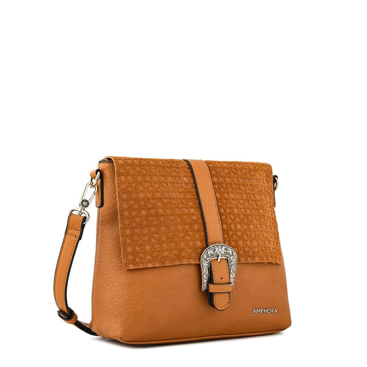 AMPHORA - Cartera bandolera con tapa mediana marruecos camel