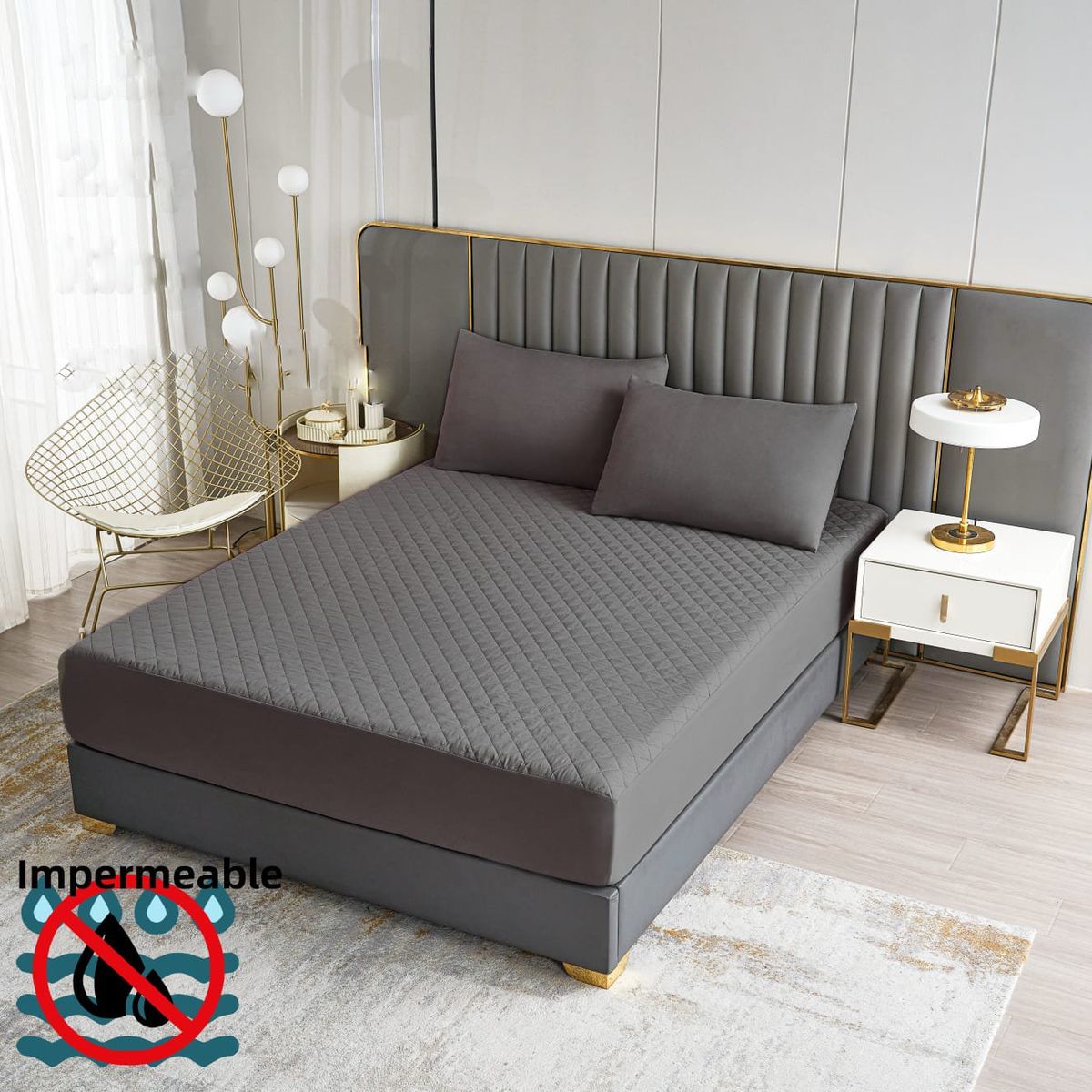 GENERICO - TOPPER O CUBRE COLCHON IMPERMEABLE 2 PLAZAS COLOR GRIS OSCURO TF