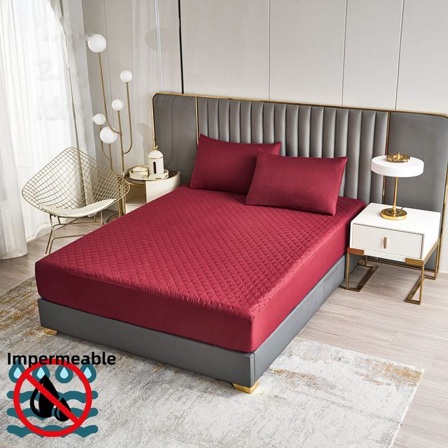 GENERICO - TOPPER IMPERMEABLE O CUBRE COLCHON 2 PLAZAS COLOR LISO BURDEO TF