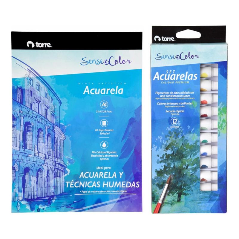TORRE - Block Artístico Acuarela + Set Acuarela 12 Tubos. Torre