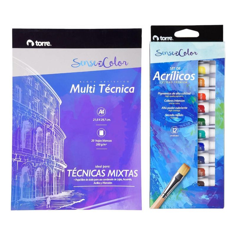 TORRE - Block Artístico Multi Técnica + Set Acrilicos 12 Tubos Torre