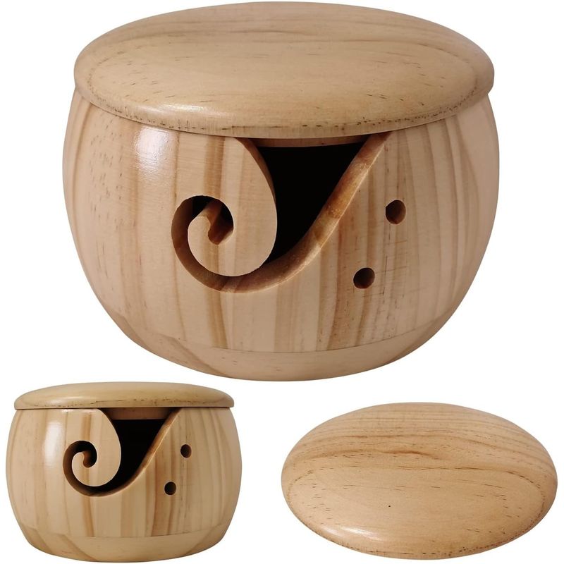KUANGYE - Cuenco De Madera Con Tapa Porta Ovillos Lana Hilo Para Tejer