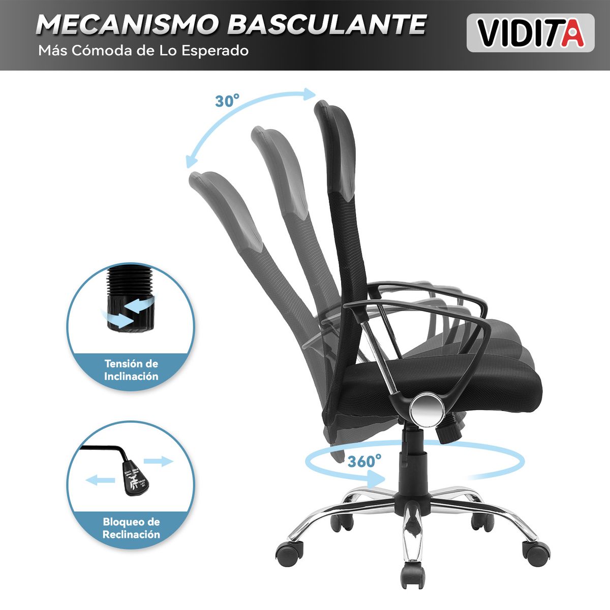 VIDITA - Silla Escritorio Ergonómico Emilio Cuero Con Malla Color Negro